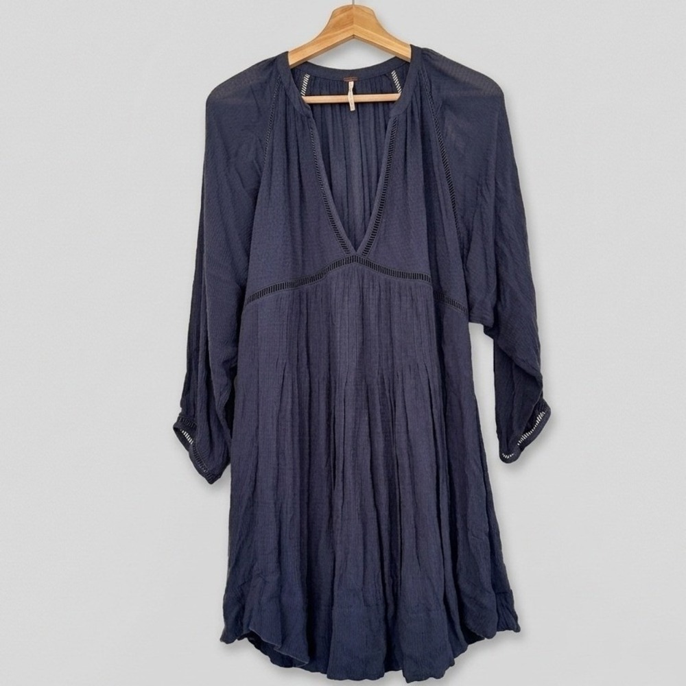 Free People Blue Crinkle Gauze Boho V-Neck Mini Dress Tunic Women Small OB447333